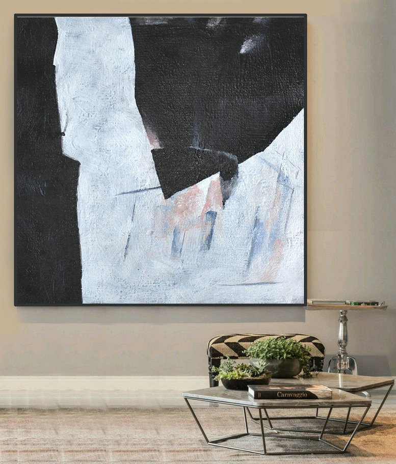 Handmade Large Painting,Hand-Painted Oversized Minimal Black And White Painting,Large Canvas Art